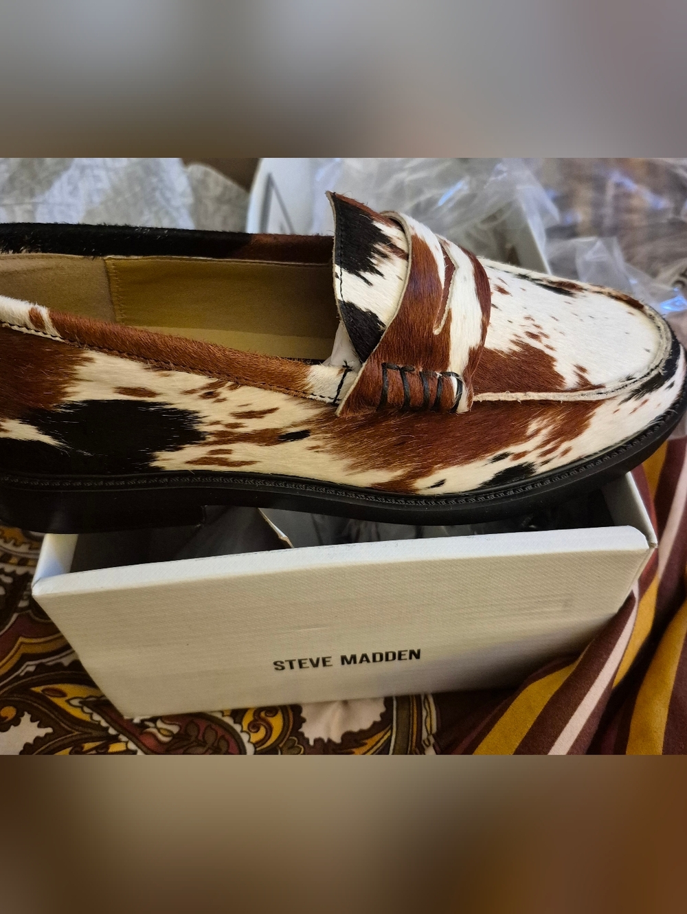 Steve Madden Brown, White & Black Calf Hair Penny Loafer